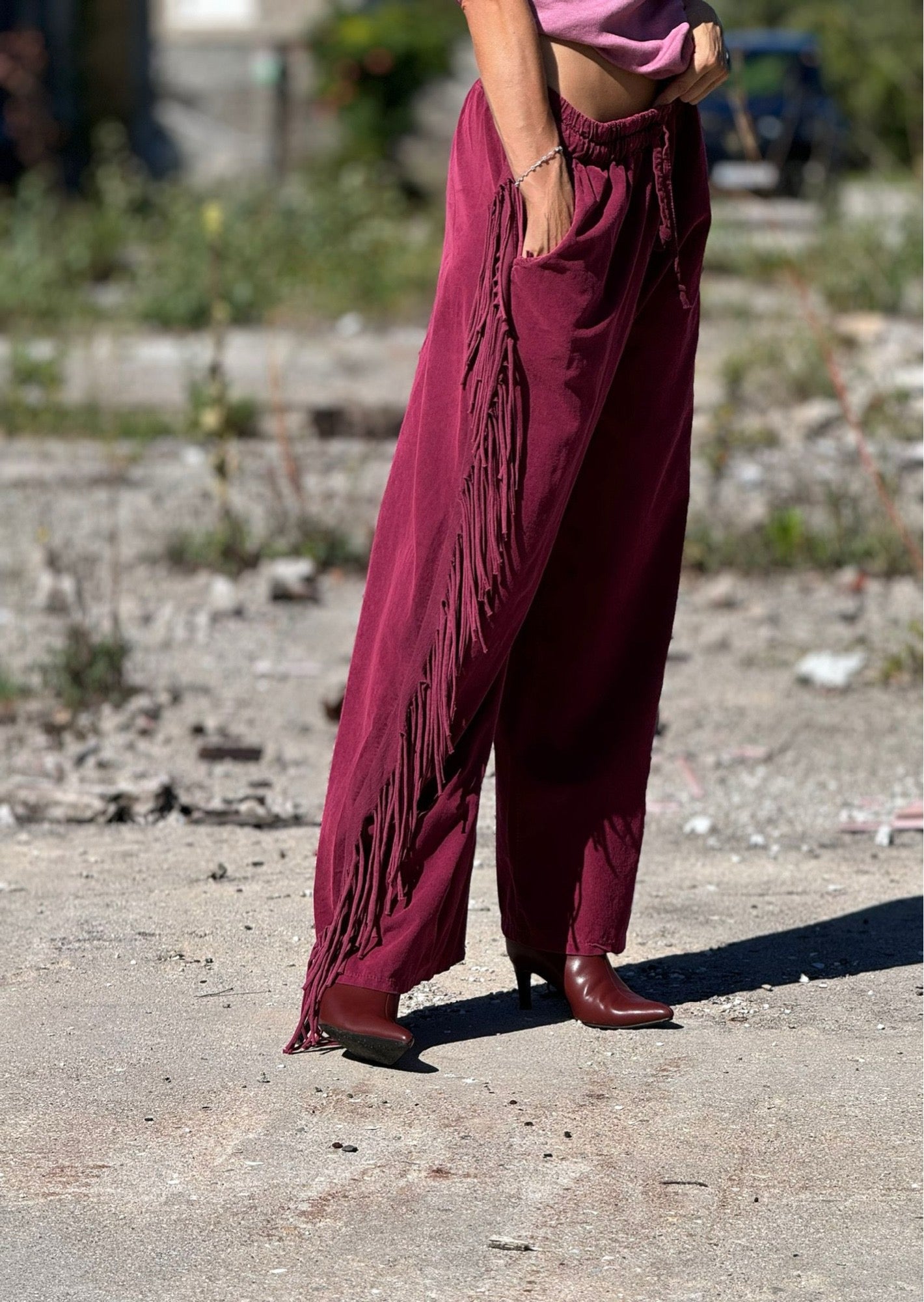 Pants Astrea fringes burgundy