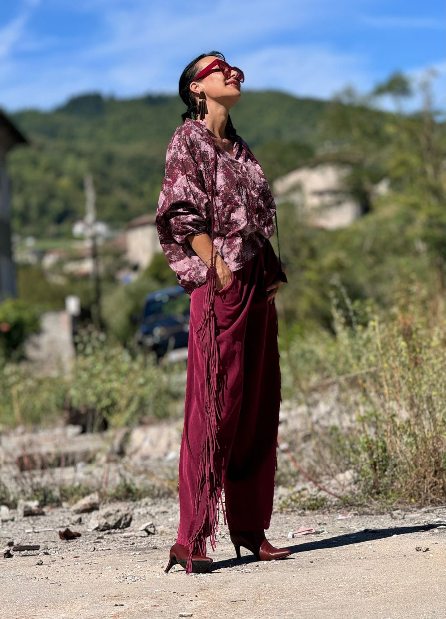 Pants Astrea fringes burgundy