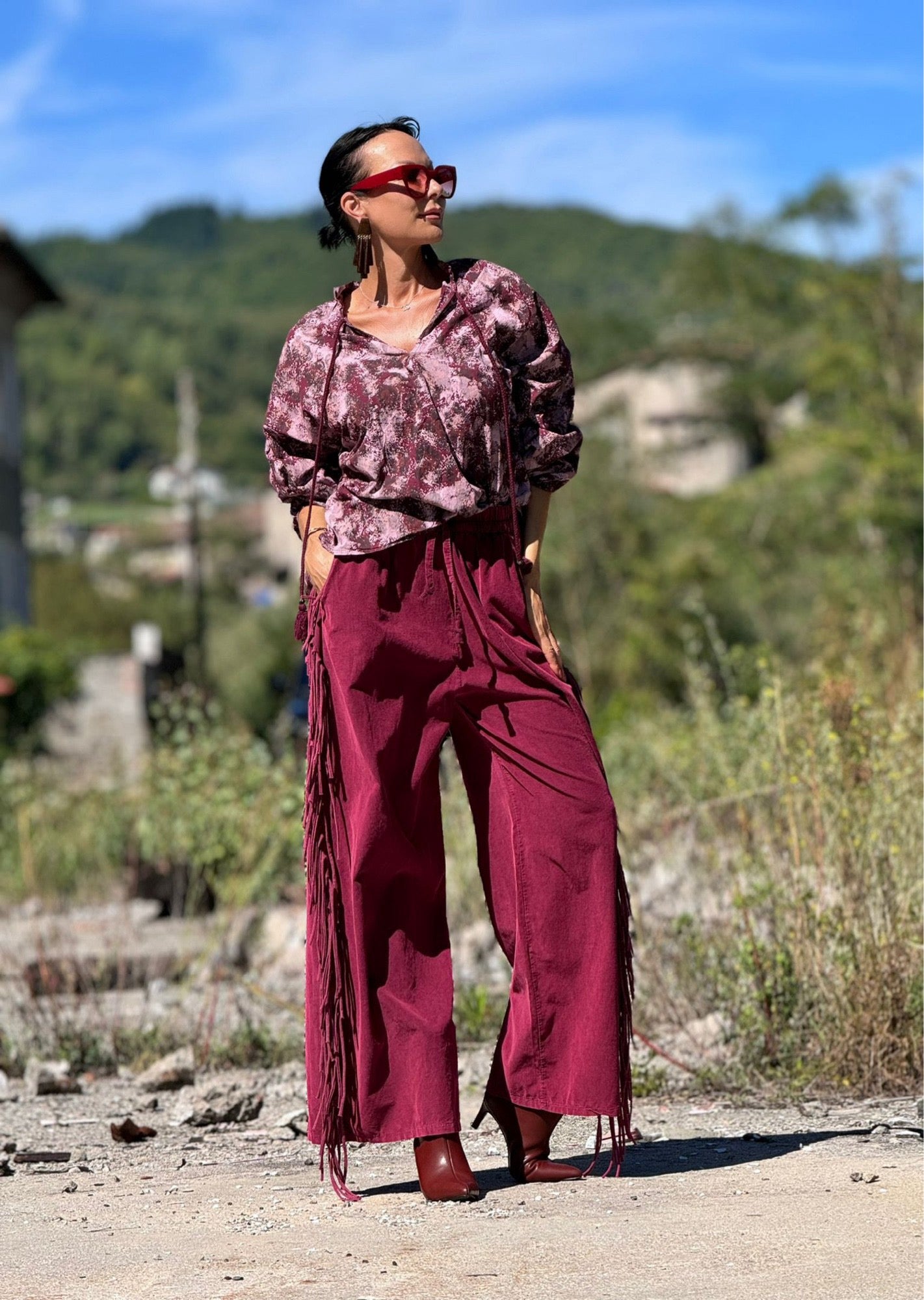 Pants Astrea fringes burgundy