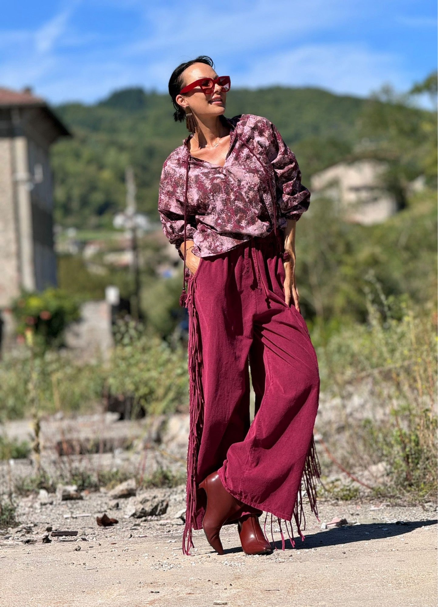 Pants Astrea fringes burgundy