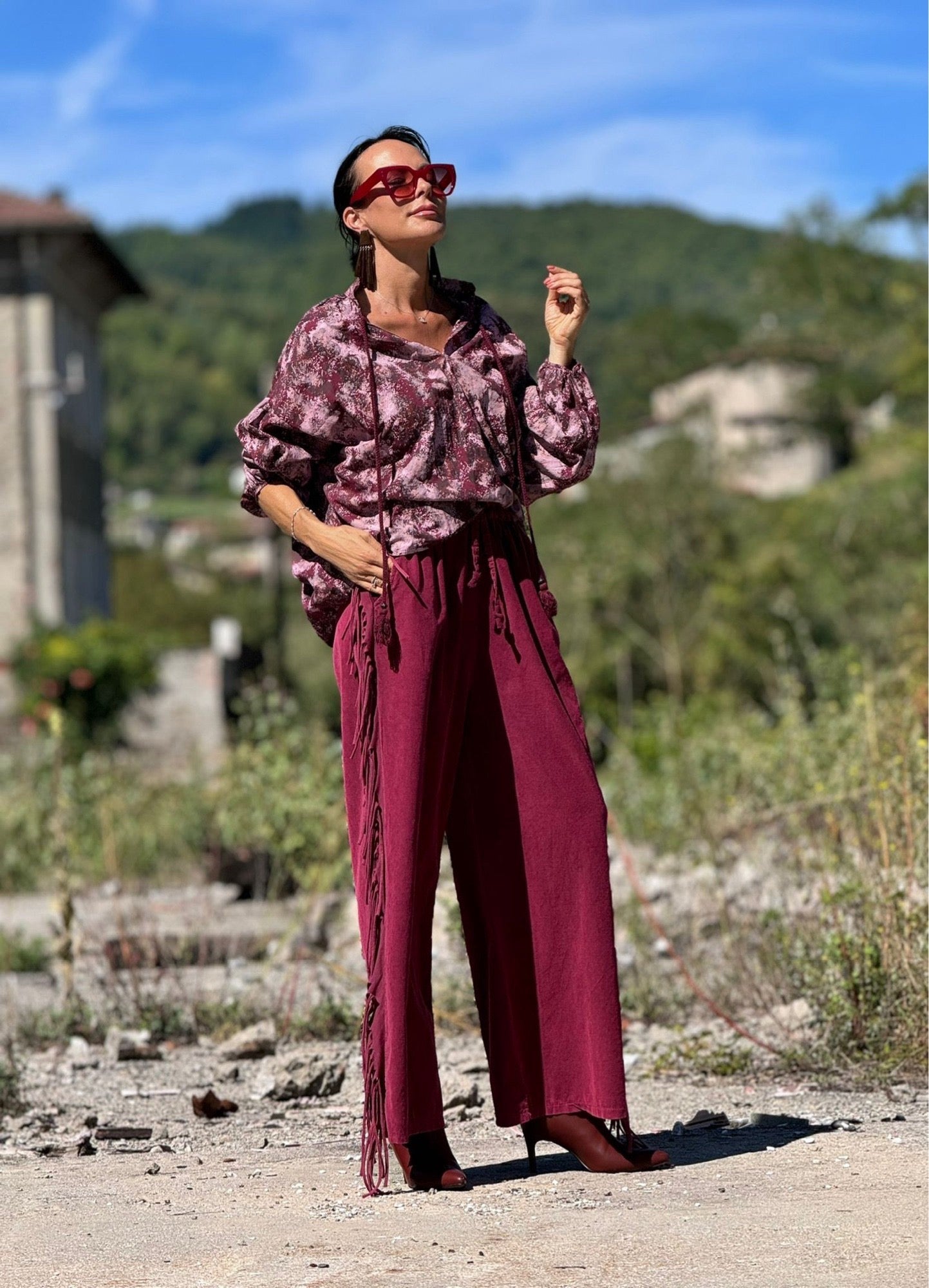 Pants Astrea fringes burgundy