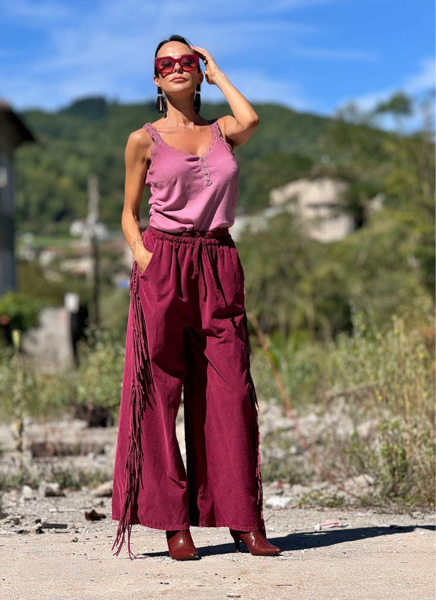 Pants Astrea fringes burgundy