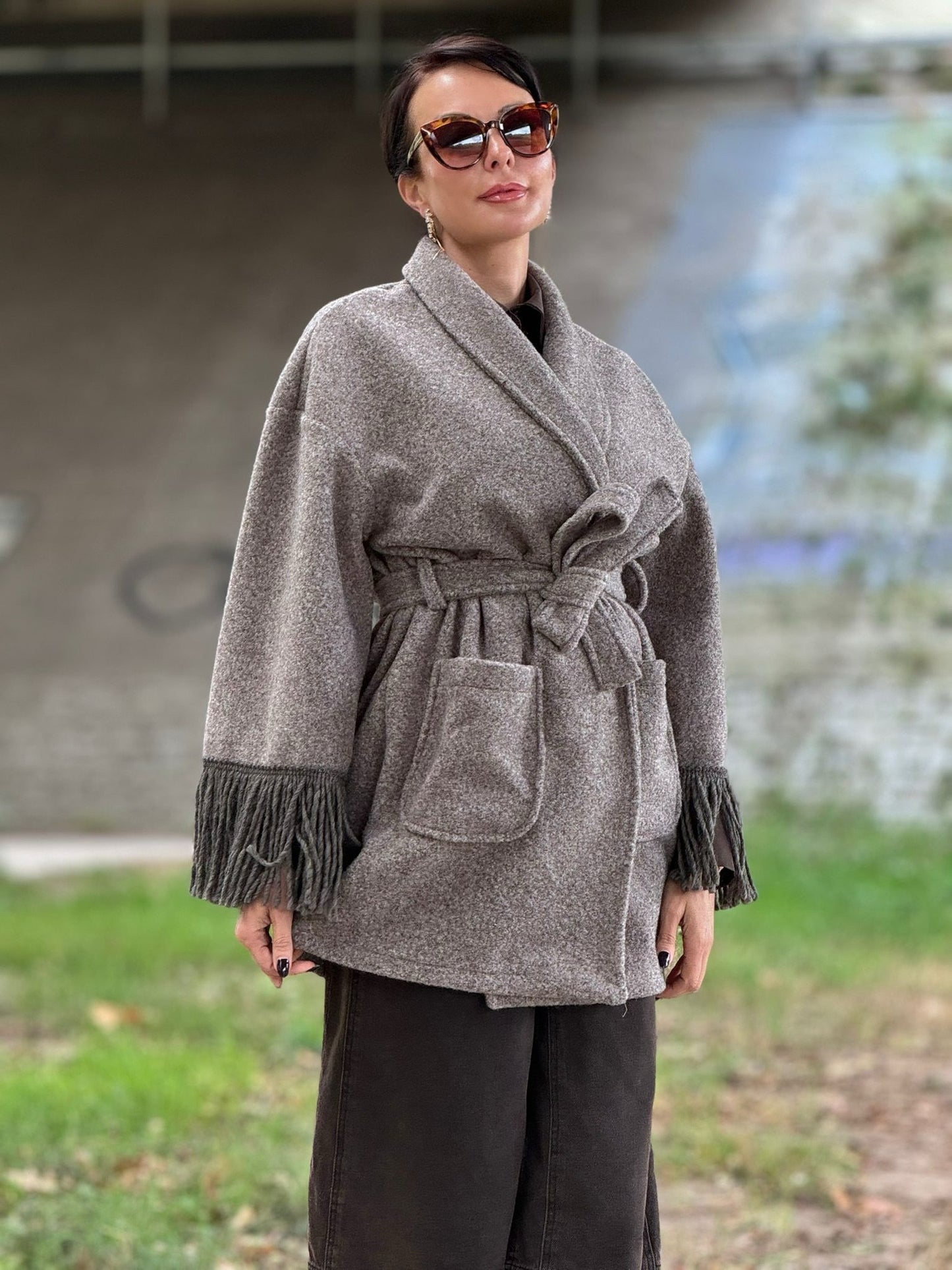 Jacket Noor fringes taupe