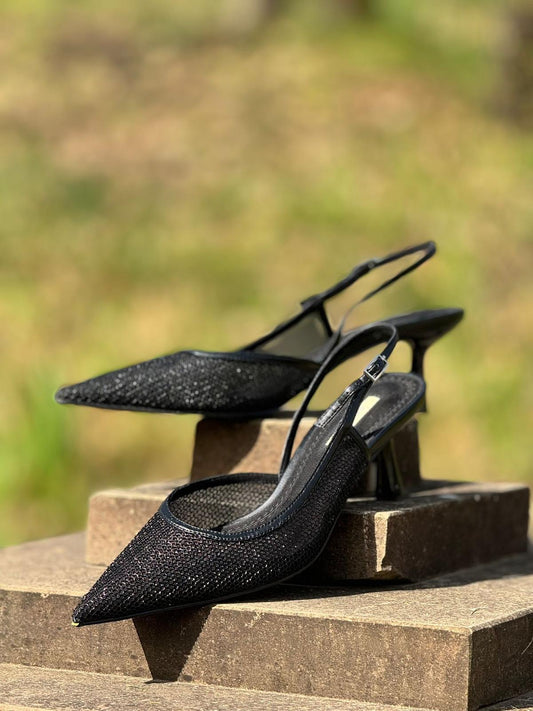 Slingback woven heeled black