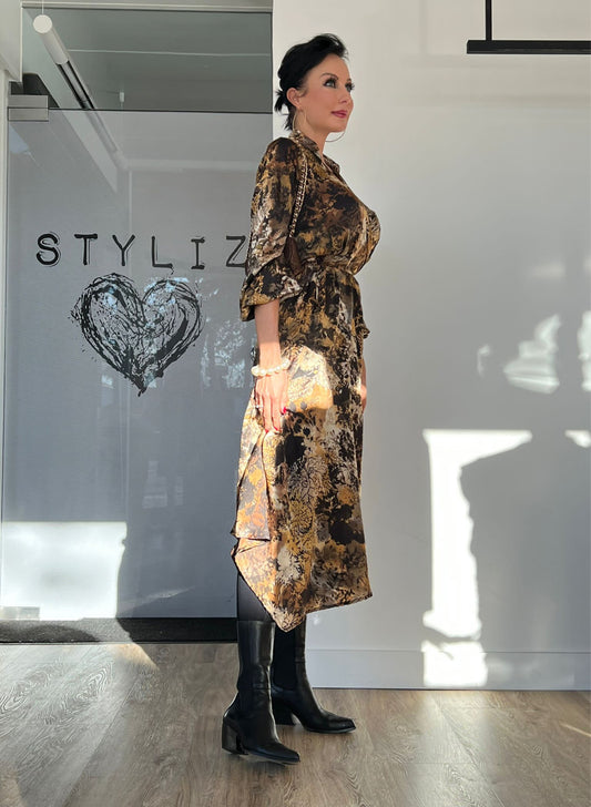 Robe longue marron imprimée