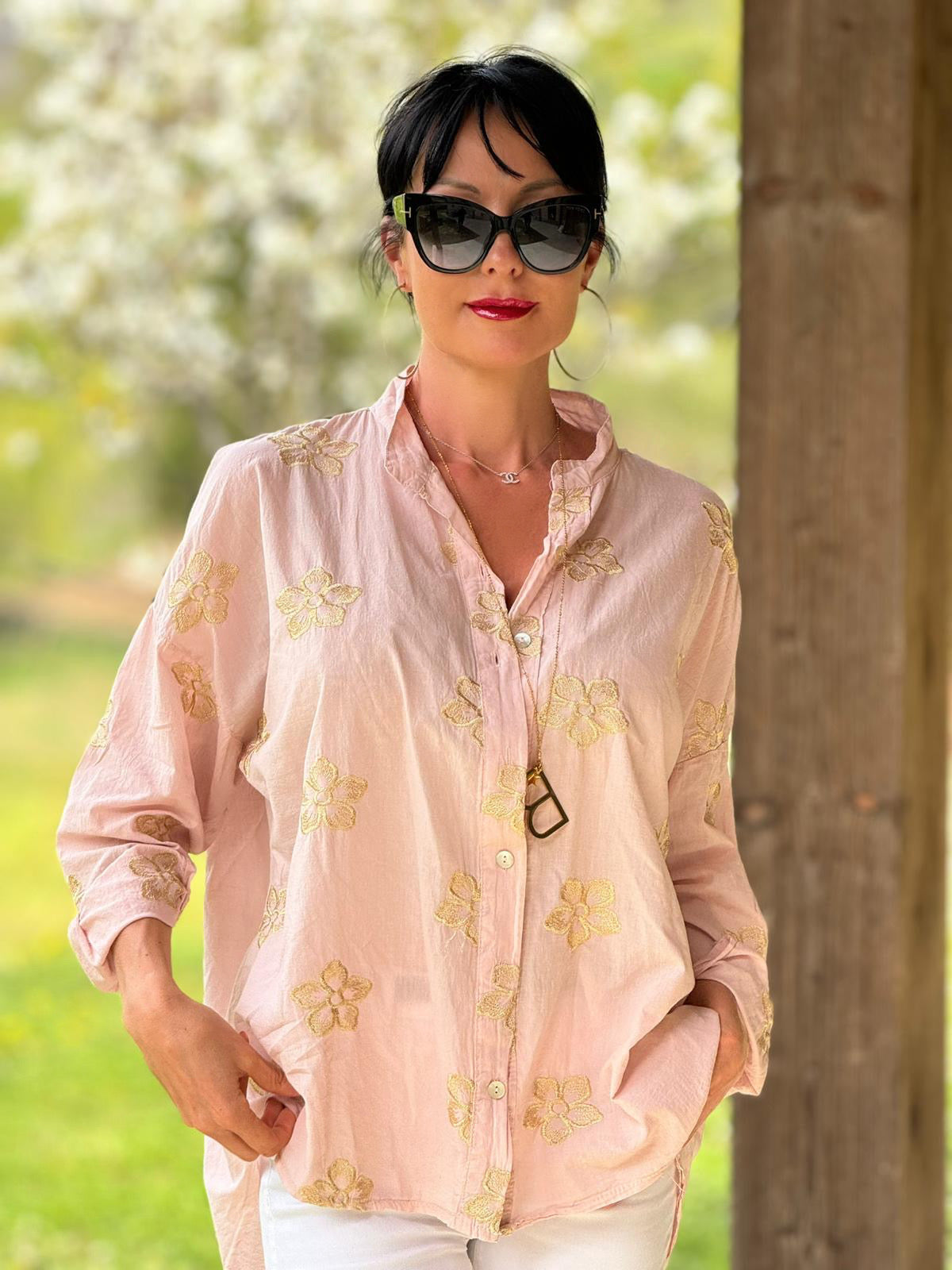 Blouse broderie or/rose
