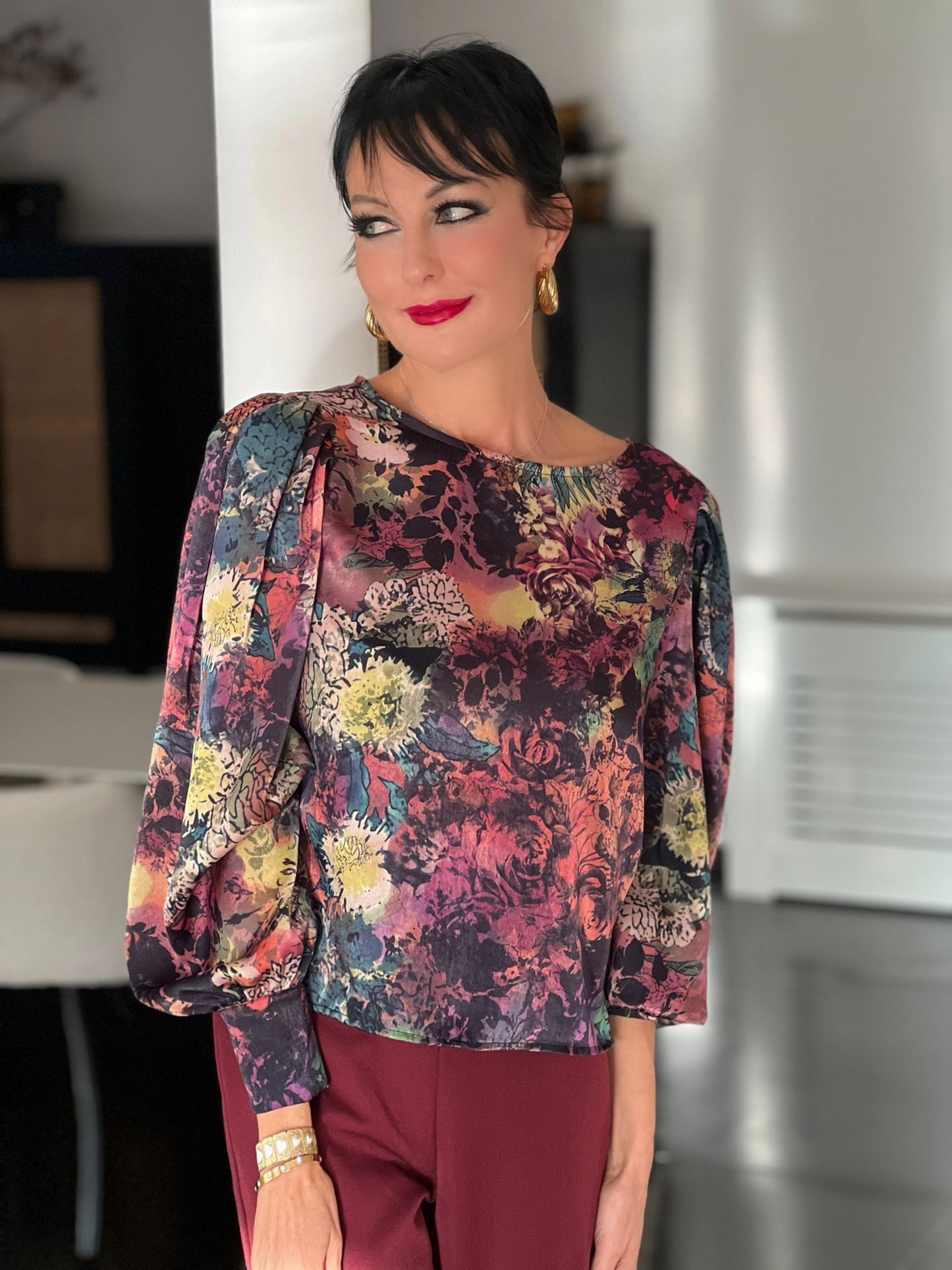 Blouse wine red printed